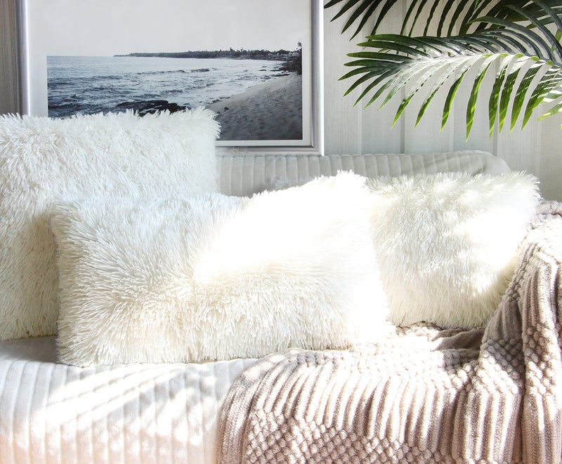 Uhomy 2 Packs Fluffy Accent Pillows Cover 20"x12", Soft Cream White Faux Fur Throw Pillow Case, Modern Luxury Decorative Square Cushion Cover for Farmhouse Home Decor for Sofa/Bed/Chair, 50x30cm - Image 4